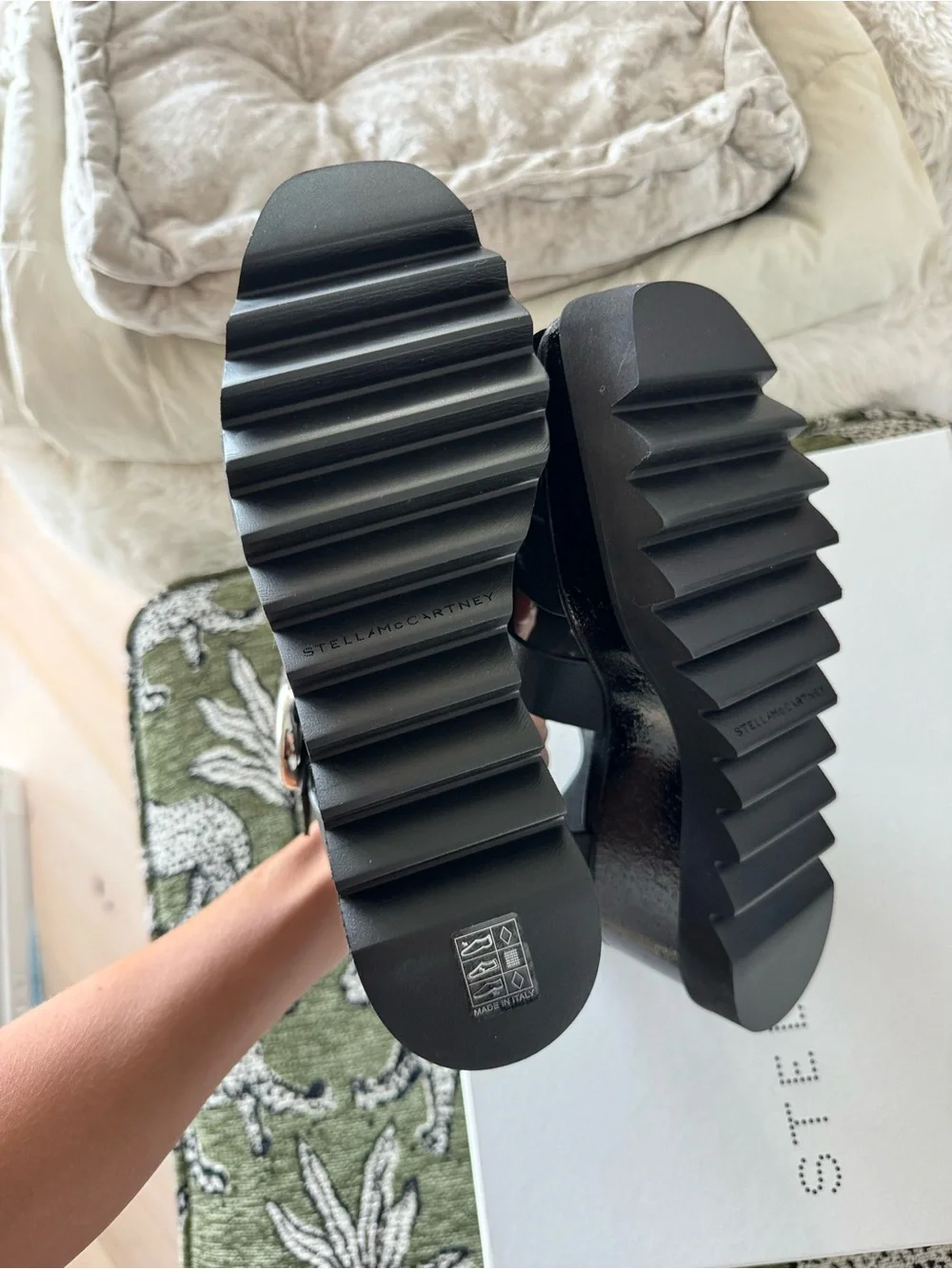 Stella McCartney Elyse Black Wedge Fisherman Sandals with Silver Buckle